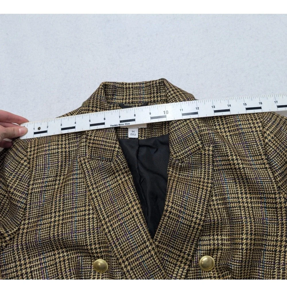 Nine West Blazer Womens Medium Brown Glen Plaid Double Breasted Metallic Gold